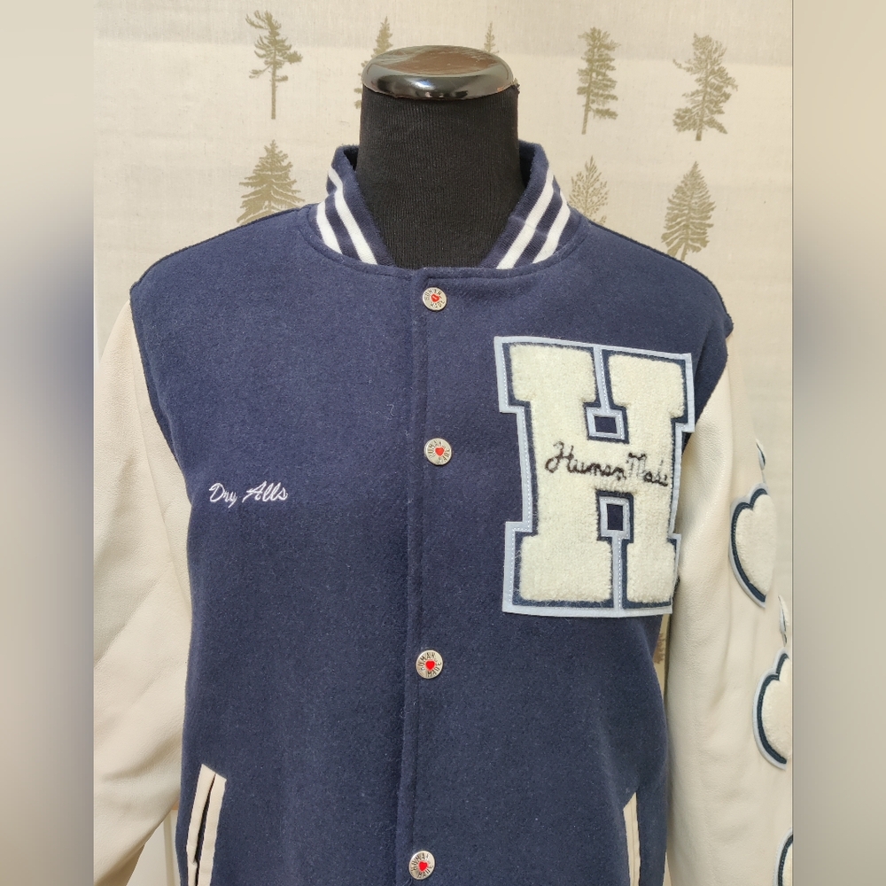 Human Made Dry Alls Varsity Jacket Navy Wool Leather Size L - Picture 3 of 12